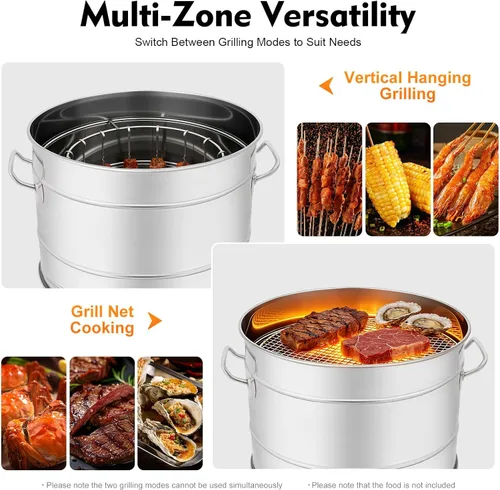 Miniatura 6 de Barbacoa portátil grande sin humo, parrilla de acero inoxidable, cubo vertical de carbón con calefacción de 360° y parrilla para picnic y campamento