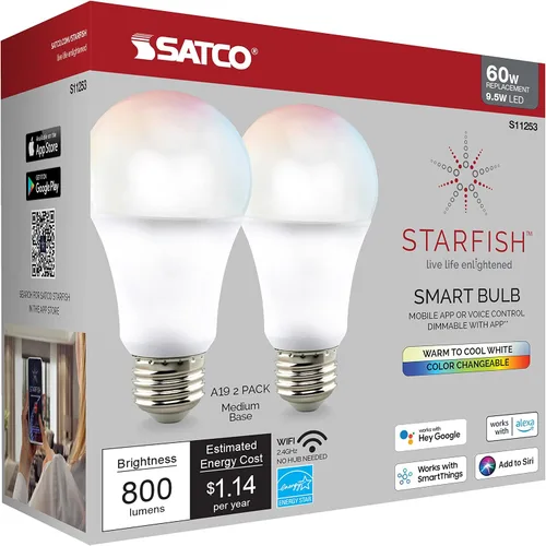 Miniatura 8 de Satco Starfish - Lámpara de repuesto LED A19 de 4.57 pulgadas, 9.5 W, ajustable, base media, paquete de 2