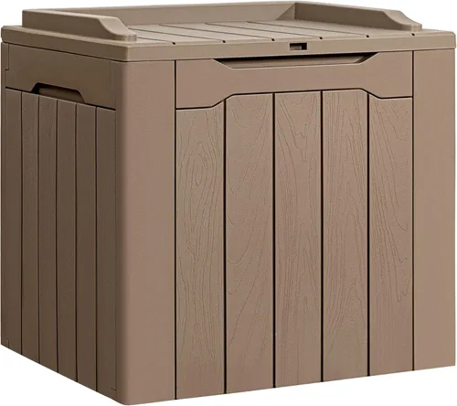 Miniatura 13 de Flamaker Caja de almacenamiento para exteriores de 80 galones, caja de resina impermeable para cubierta con textura de madera, caja de entrega