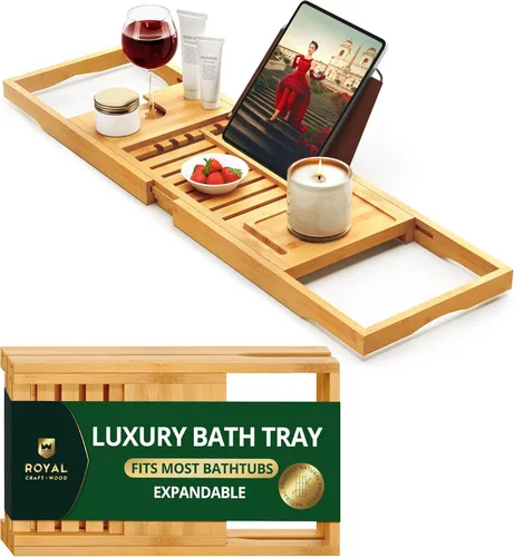 Miniatura 11 de ROYAL CRAFT WOOD Bandeja de Caddy para Bañera de Bambú, Estante de Baño Premium Plegable de Madera, Mesa de Baño de Bañera Extensible y Accesorios