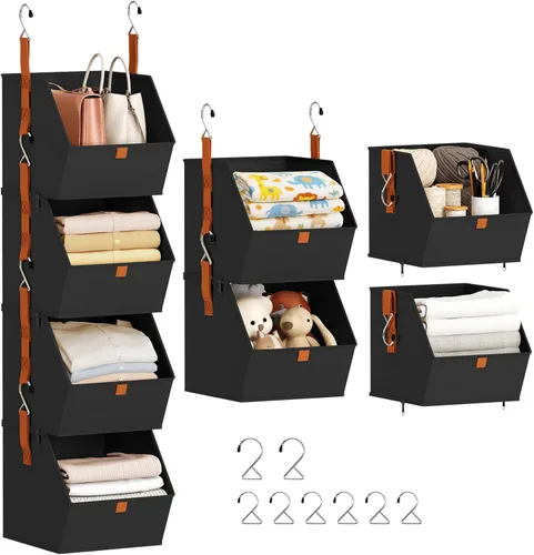 Miniatura 18 de Homsorout Organizador colgante de armario de 4 niveles, estantes colgantes para ropa, sistema de armario que ahorra espacio, contenedores de Beige