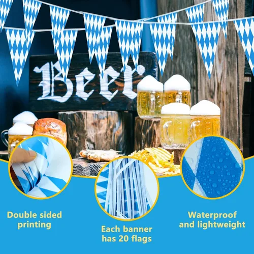 Miniatura 4 de Banderas de Oktoberfest de 197 pies, paquete de 6 banderines azules y blancos para decoraciones de fiestas temáticas alemanas, decoración