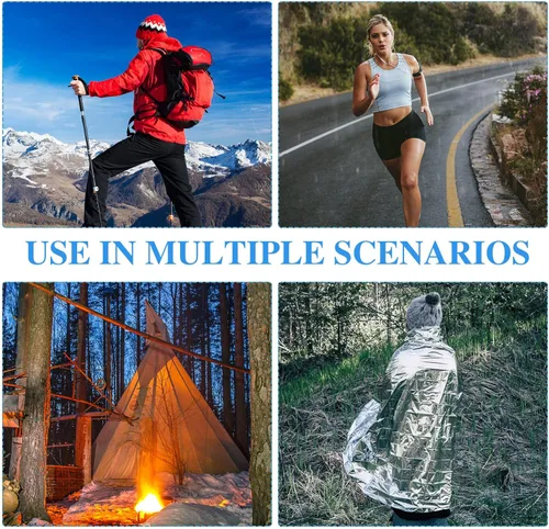 Miniatura 6 de Macarrie Paquete de 75 mantas térmicas de papel de emergencia de papel de aluminio plateado para supervivencia al aire libre, camping, senderismo
