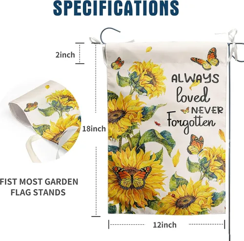 Miniatura 3 de Always Loved Never Forgotten - Bandera de jardín conmemorativa de 12 x 18 pulgadas, bandera de girasol de doble cara para patio, bandera de mariposa