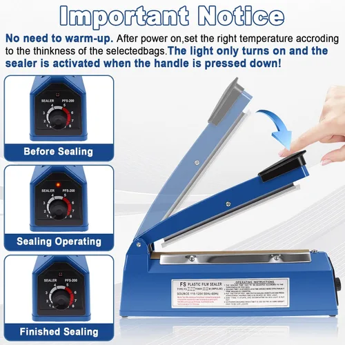 Miniatura 3 de 8 Inch Impulse Sealer, Manual Heat Sealer Machine for Mylar Bags, Shrink Wrap Bag Sealers Sealing Machine for Plastic PE PP Bags with 3 Free