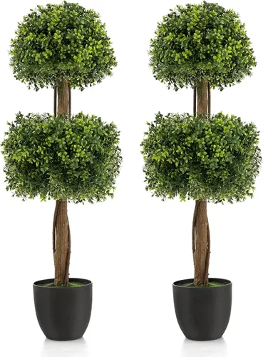 Goplus Árbol de bola artificial de boj de 40 pulgadas, paquete de 2 plantas artificiales en maceta con maceta de plástico rellena de cemento,