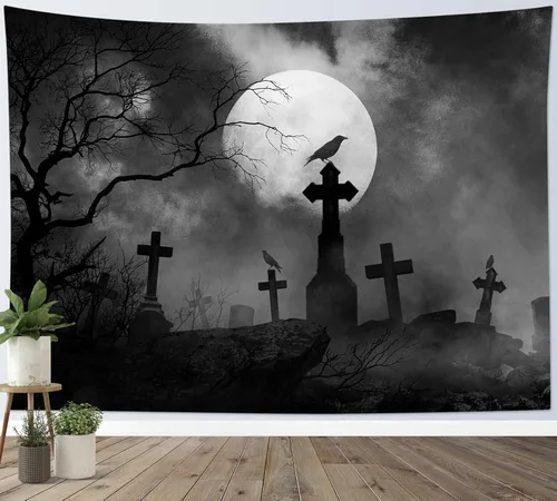 HVEST Tapiz de Halloween de luna llena, lápida de cuervo negro, árbol muerto, tapiz para dormitorio, cementerio gris aterrador, bosque, decoración