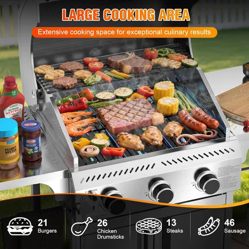 Miniatura 3 de Electactic G31 Parrilla de gas, parrilla de gas de 3 quemadores con mesas laterales plegables, parrilla BBQ de acero inoxidable de 24,000 BTU