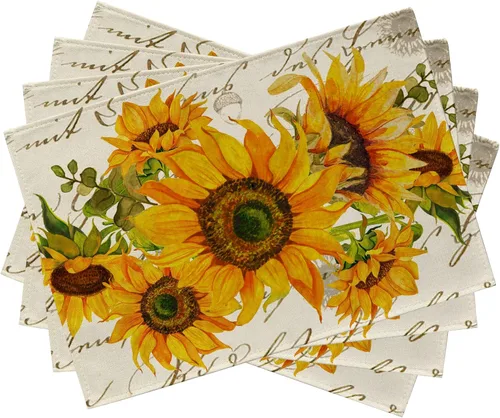 Seliem Juego de 4 Manteles Individuales de Girasol Otoñal, Primavera Verano Flores Florales Amarillas Rústico Vintage Mesa de Comedor, Hojas de