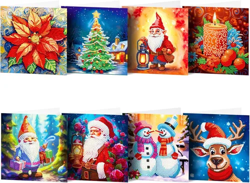 LUSandy 8 paquetes de tarjetas de Navidad con pintura de diamante 5D para adultos, gnomos de Navidad, tarjetas de felicitación de arte de Papá Noel,