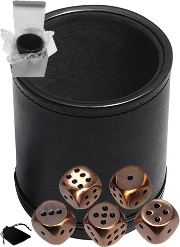 Cyber-Deals Juego de dados de piel sintética negra con forro de fieltro negro de felpa + dados de metal de aleación de zinc de 0.630 pulgadas, caja