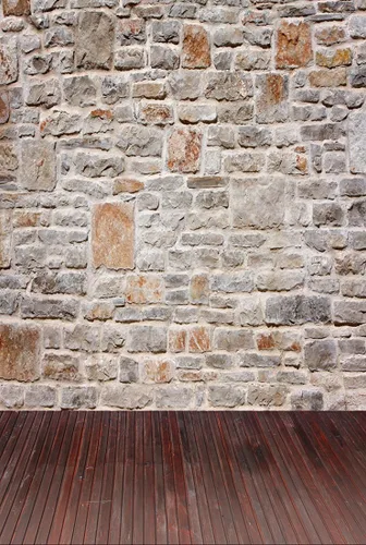 AOFOTO Fondo de estudio de fotografía infantil de 3 x 5 pies, telón de fondo para sesión de fotos de bebé, pared de piedra antigua, pisos de madera