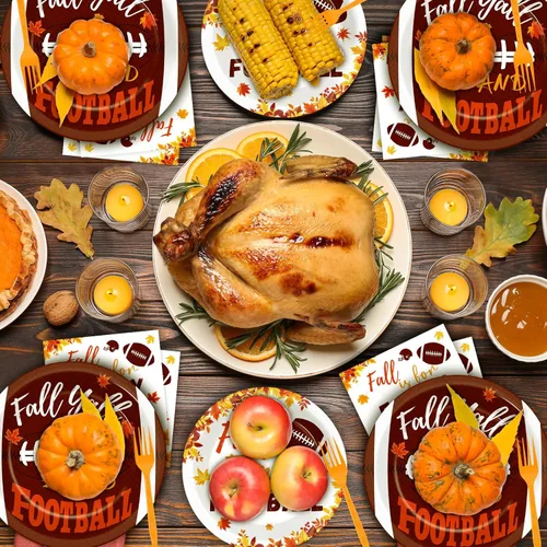 Miniatura 6 de 96 piezas de suministros para fiesta de otoño de fútbol, vajilla rústica de fútbol y otoño, platos, servilletas, hojas de arce, decoración de mesa