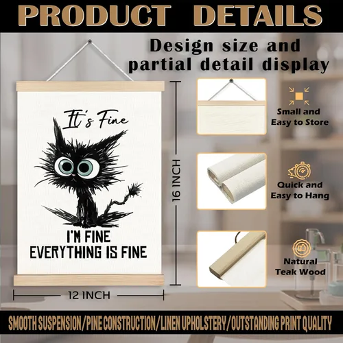 Miniatura 7 de Póster artístico de pared con texto en inglés "I I'm Fine Everything is Fine" con diseño de gatos negros con texto en inglés "I Fine Everything is