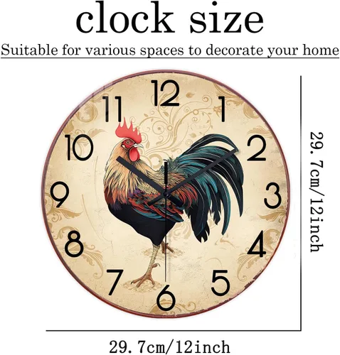 Miniatura 6 de XNM - Relojes de pared redondos rústicos para decoración de cocina y sala de 12 pulgadas, reloj de gallo de vidrio, funciona con pilas, marrón