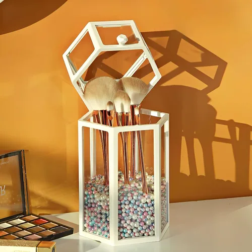 Soporte para brochas de maquillaje con tapa, organizador de brochas de maquillaje de vidrio vintage, caja de almacenamiento con perlas coloridas
