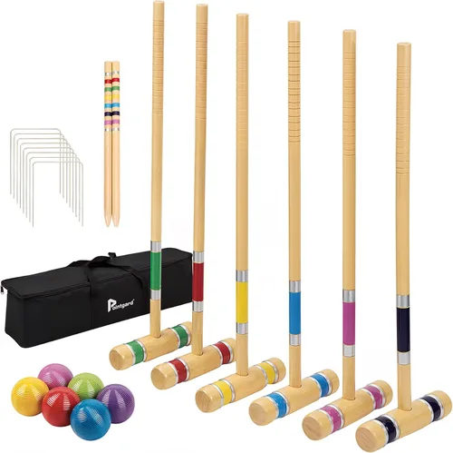 Juego de croquet para seis jugadores con mazos de madera de primera calidad de 28 pulgadas, bola de colores, mechones, estacas, juego perfecto al