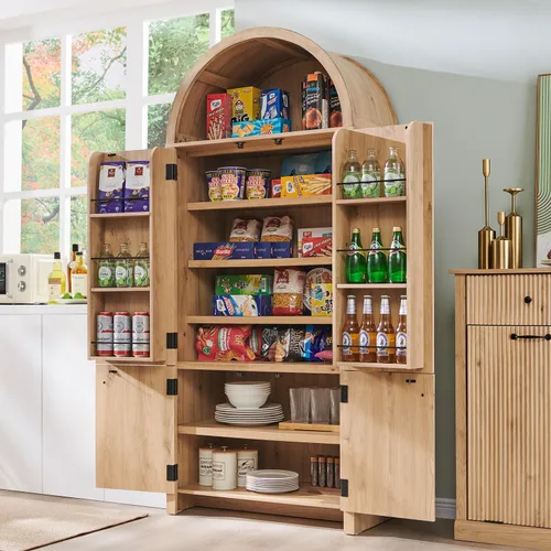 Miniatura 3 de IFGET Despensa de cocina arqueada de 71 pulgadas de alto, moderno armario de almacenamiento de madera estriada con puertas, 3 estantes ajustables, 6