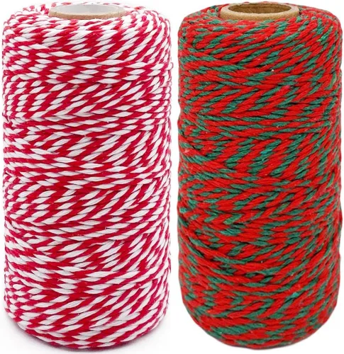 Rollos de cordel de algodón para Navidad, hilo retorcido rojo y verde, juego de 2, para envolver regalos, hornear, manualidades, jardinería,
