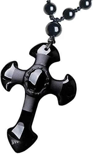 Collar de cruz de obsidiana de cristal, colgante de amuleto con cadena de cuentas ajustable para mujeres u hombres, Obsidiana, Obsidiana
