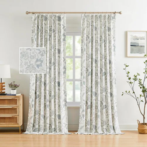 Miniatura 12 de Kayne Studio Paneles de cortina 100% opaca azul gris con estampado de hojas botánicas, cortinas florales de estilo granja para sala de estar y Azul