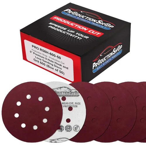 Miniatura 9 de ProductionShop Discos de lijado de grano 40 con patrón rojo de 8 agujeros de 5 pulgadas, caja de 30, papel de lija sin polvo con respaldo de gancho