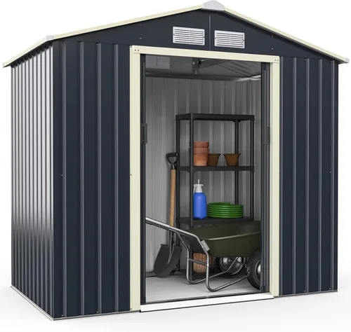 Goplus Cobertizo de almacenamiento, organizador de metal de 7 x 4 pies, para exteriores, con 4 rejillas de ventilación y doble puerta corrediza para