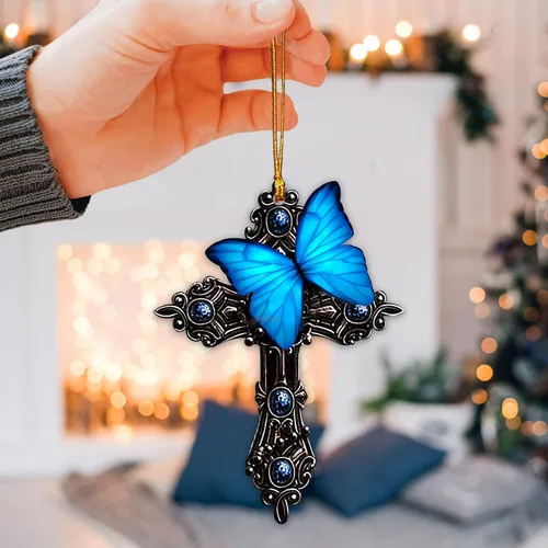 Miniatura 5 de Talataca Mariposa azul, orar por Dios Jesús CROS cristiano 2D espejo retrovisor plano coche accesorios de árbol de Navidad decoración colgante