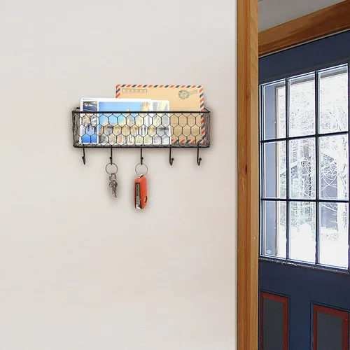 Miniatura 4 de MyGift Soporte de metal montado en la pared y organizador de llaves con 5 ganchos, cesta de almacenamiento decorativa y ganchos para colgar llaves