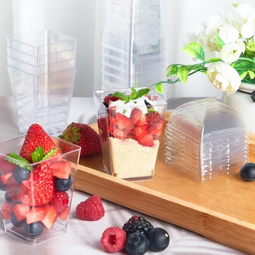 Miniatura 7 de TOFLEN Paquete de 100 tazas de postre de plástico de 5 onzas con tapas de cúpula para fiestas, mini tazas de postre con cucharas, taza disparadora