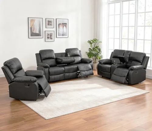 Miniatura 37 de Juego de sofá modular reclinable manual para sala de estar, sofá reclinable en forma de L, seccional de cuero con portavasos/almacenamiento