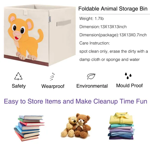 Miniatura 3 de Contenedores de almacenamiento de cubo animal plegables de tela, caja/cofre/organizador de juguetes para niños, 13 pulgadas (León bebé)