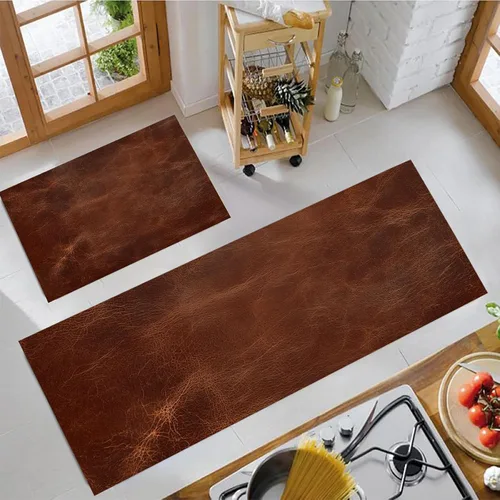Miniatura 3 de Kitchen Mats for Floor 2 Piece Set Abstract Leather Texture Non Slip Kitchen Rugs Washable Retro Aesthetics Floor Mats Rust Brown Area Rug Runner