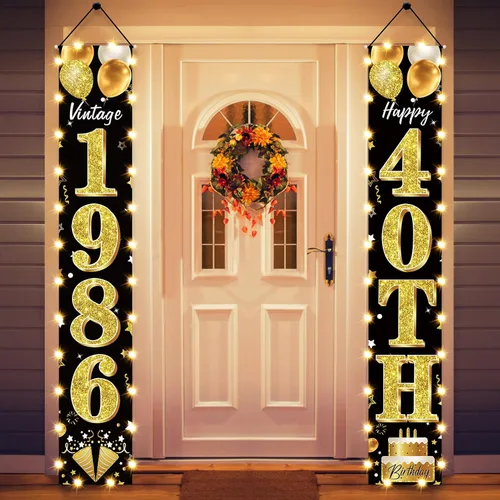 Miniatura 8 de Cartel de fiesta de cumpleaños número 18 con luces LED para hombres y mujeres - Carteles de puerta de cumpleaños número 18 en negro y dorado vintage