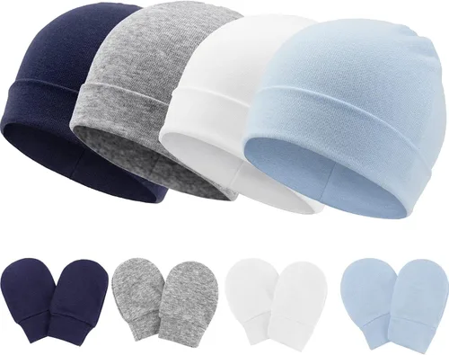 BQUBO Baby Hats and Mittens Infant Cotton Beanie Gloves No Scratch Set Newborn Hospital Hat for Boys Girls 0-6 Months