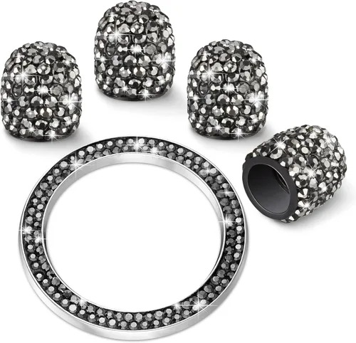 Miniatura 12 de WINKA 4 tapones para válvula de neumático de automóvil con diamantes de imitación, 1 cubierta de botón de motor de automóvil, anillo de encendido