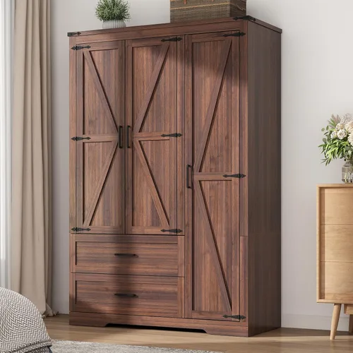 Hlivelood Armario de 3 puertas con puertas y cajones, armario de madera de granja con estantes y barra para colgar para dormitorio, color marrón