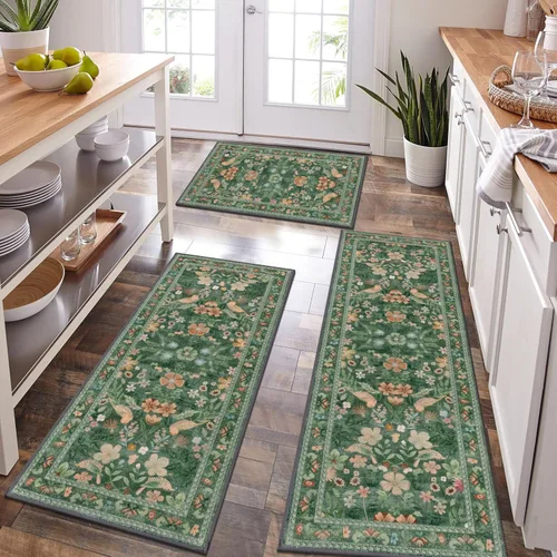 Miniatura 28 de HEBE - Juego de alfombras de cocina bohemias de 3 piezas con corredor, alfombras de cocina antideslizantes y tapetes lavables para piso de cocina
