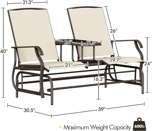 Miniatura 3 de Yaheetech Planeador de 2 asientos para exteriores con mesa central, sofá biplaza mecedora para patio con marco de metal resistente de malla Beige