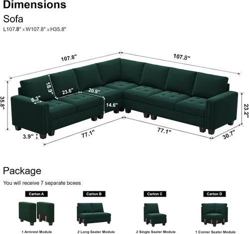Miniatura 2 de Belffin Sofá modular de terciopelo en forma de L, sofá seccional convertible de gran tamaño con diván reversible para sala de estar, verde