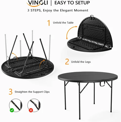 Miniatura 4 de VINGLI Mesa Comercial Redonda Negra Bi-Plegable de 48", Mesa de Comedor/Cartas de Plástico Portátil de 4 Pies para Cocina o Fiesta al Aire Libre