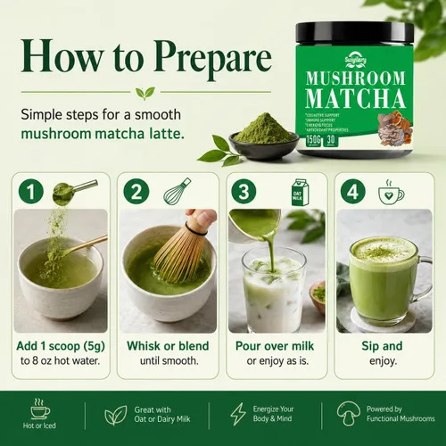 Miniatura 4 de Suiyilary Matcha de hongos, té matcha ceremonial en polvo con 7 hongos superalimentos, sin gluten, sabor genial matcha caliente o frío último, 5.29