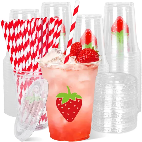 Miniatura 11 de Whaline 50 vasos de plástico desechables patrióticos de 12 onzas con tapas y pajitas con la bandera estadounidense del 4 de julio, vasos