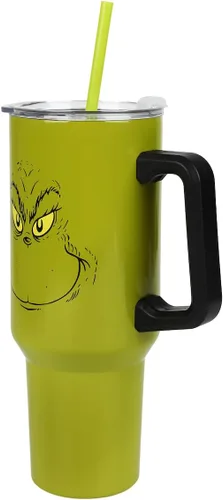 Miniatura 2 de Bioworld Grinch Grinning Face - Vaso de acero inoxidable con asa (40 onzas), color verde Grinch Sonriendo Cara