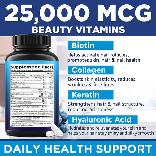 Miniatura 2 de Biotin - Suplemento de queratina de colágeno con ácido hialurónico, 25,000 mcg de vitaminas para el crecimiento del cabello para hombres y mujeres