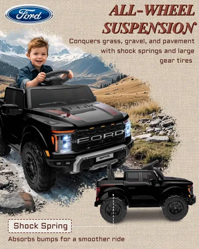 Miniatura 6 de First Ride On Ford F-150 Raptor con Licencia de 12V - Juguete de Montar para Niños, Camioneta de Montar con Control Remoto para Padres, Auto Negro