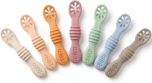 PandaEar Paquete de 7 cucharas para bebé, utensilios de autoalimentación de silicona suave para bebés y niños pequeños, cuchara de entrenamiento de