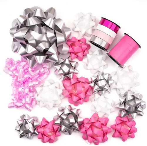 WRAPAHOLIC Surtido de 19 lazos de regalo, 16 lazos de regalo de varios colores (rosa, blanco, plateado), 2 cintas rizadoras prensadas, 1 lazo rizado
