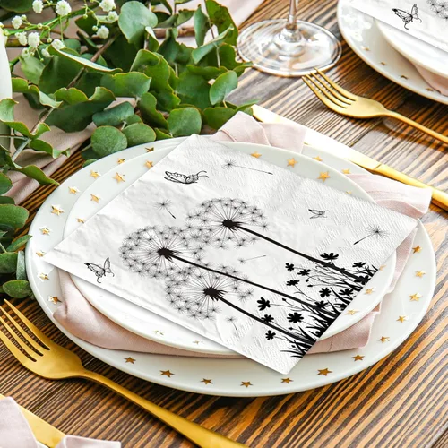 Miniatura 5 de AnyDesign Paquete de 100 servilletas de papel de diente de león, servilletas de almuerzo florales blancas y negras, desechables, decorativas
