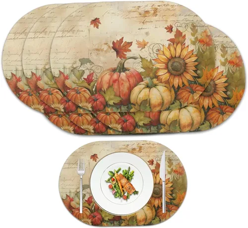 Miniatura 52 de Non Slip Placemats Set of 6 Pumpkin Mushroom Theme Waterproof Wipeable Faux Leather for Thanksgiving Family Feast Heat Resistant Dining Table Mats
